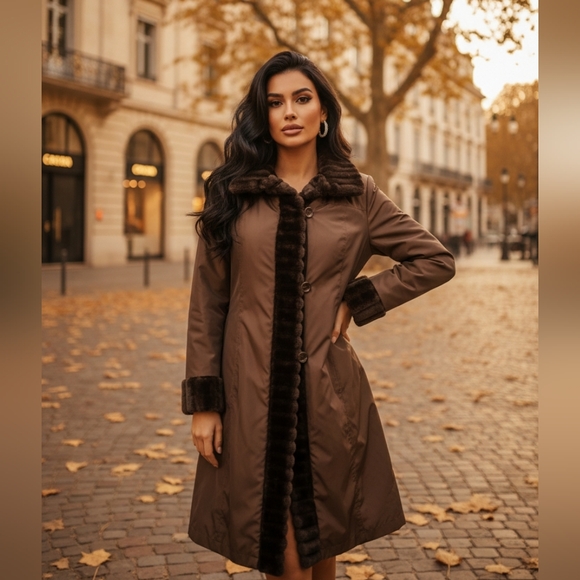 gallery woman Jackets & Blazers - Gallery Women's Brown Taffeta Coat With Faux Fur Lining size 0X Vintage